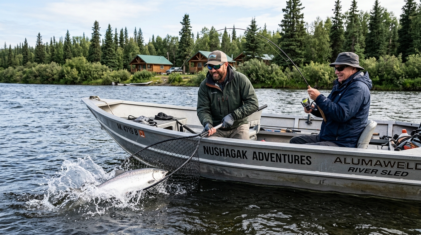 A fishing guide helps a guest land a bright King Salmon from an Alumaweld boat on the Nushagak River near a remote lodge.