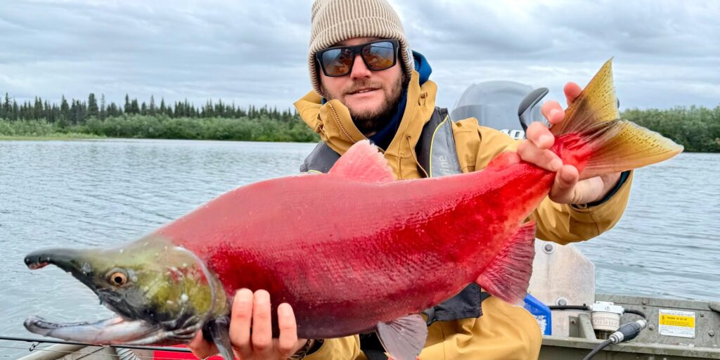 Fisherman holding a bright red salmon.